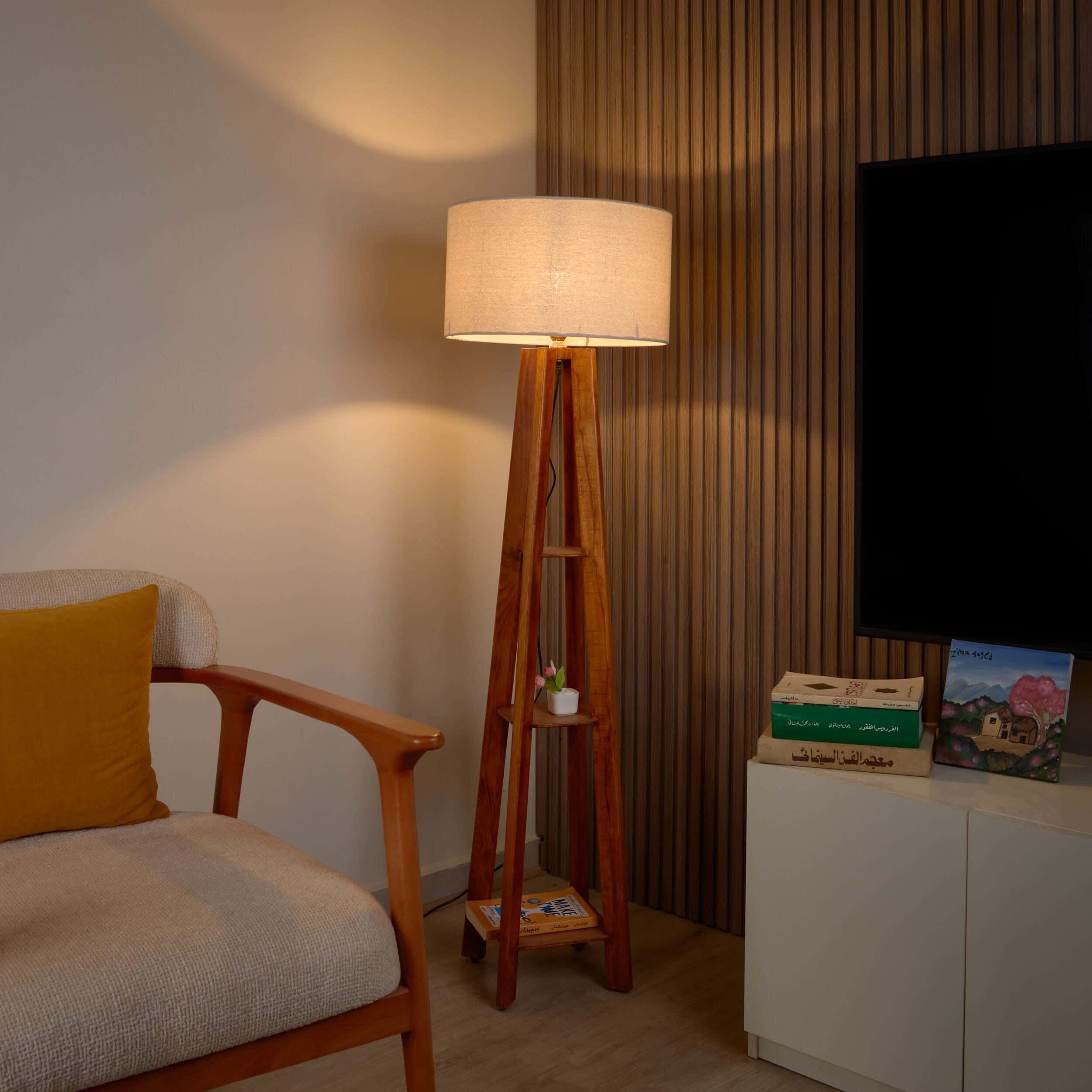 NAGAFA SHOP Red Beech Wood, Natural Linen Fabric Floor Lamp, 40×50×130 cm - Brown Off White