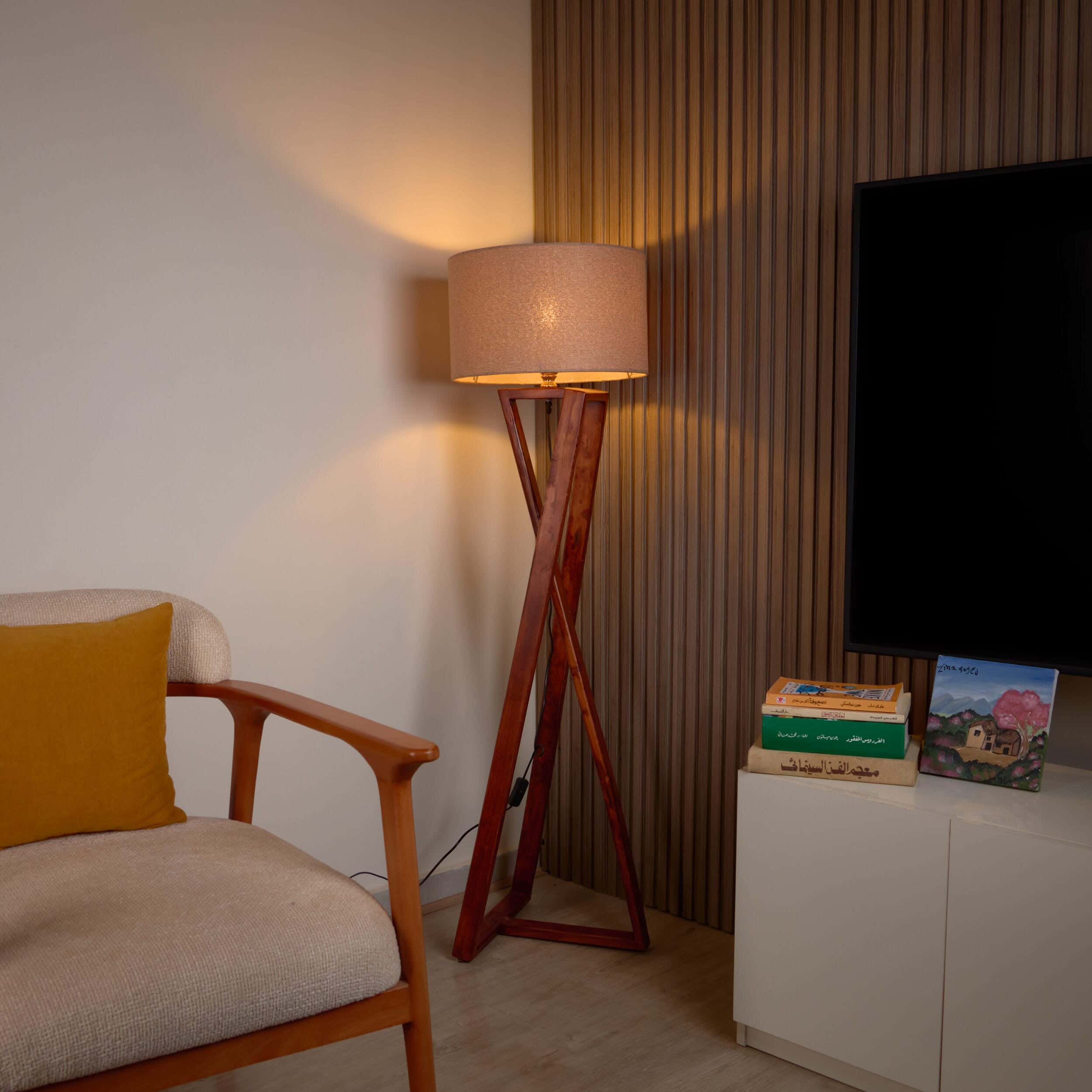 NAGAFA SHOP Red Beech Wood, Natural Linen Fabric Floor Lamp, 40×50×130 cm - Brown Beige