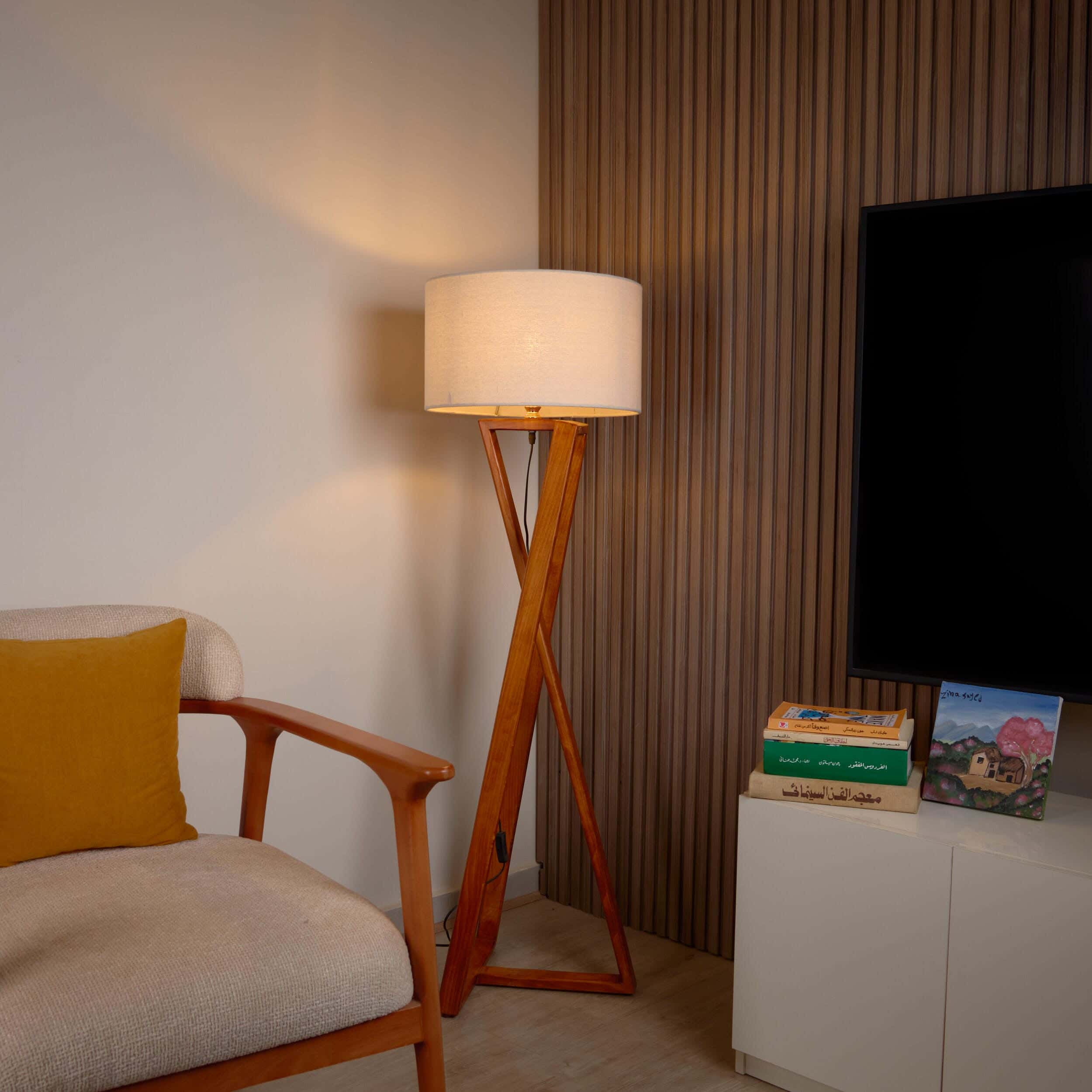 NAGAFA SHOP Red Beech Wood, Natural Linen Fabric Floor Lamp, 40×50×130 cm - Brown Off White