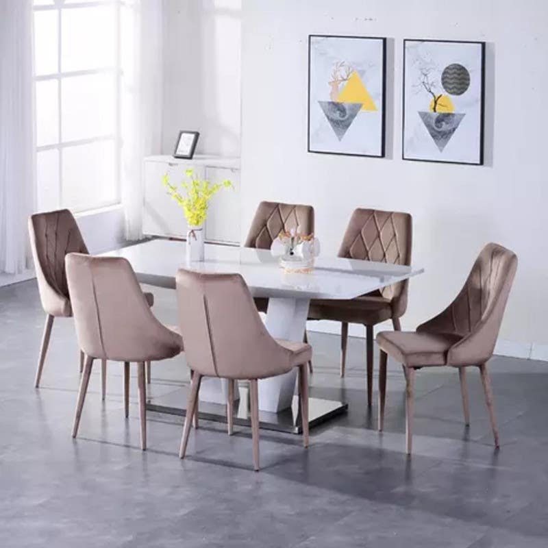 Red Beech & Mdf Wood Dining Room Set, 7 Pieces - Beige