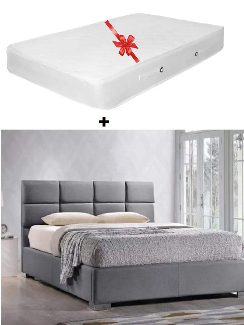 Counter & Beech Wood Bed, 195×120×120 cm, Single Size - Grey with Connected Spring Mattress, 25×120×195 cm - White