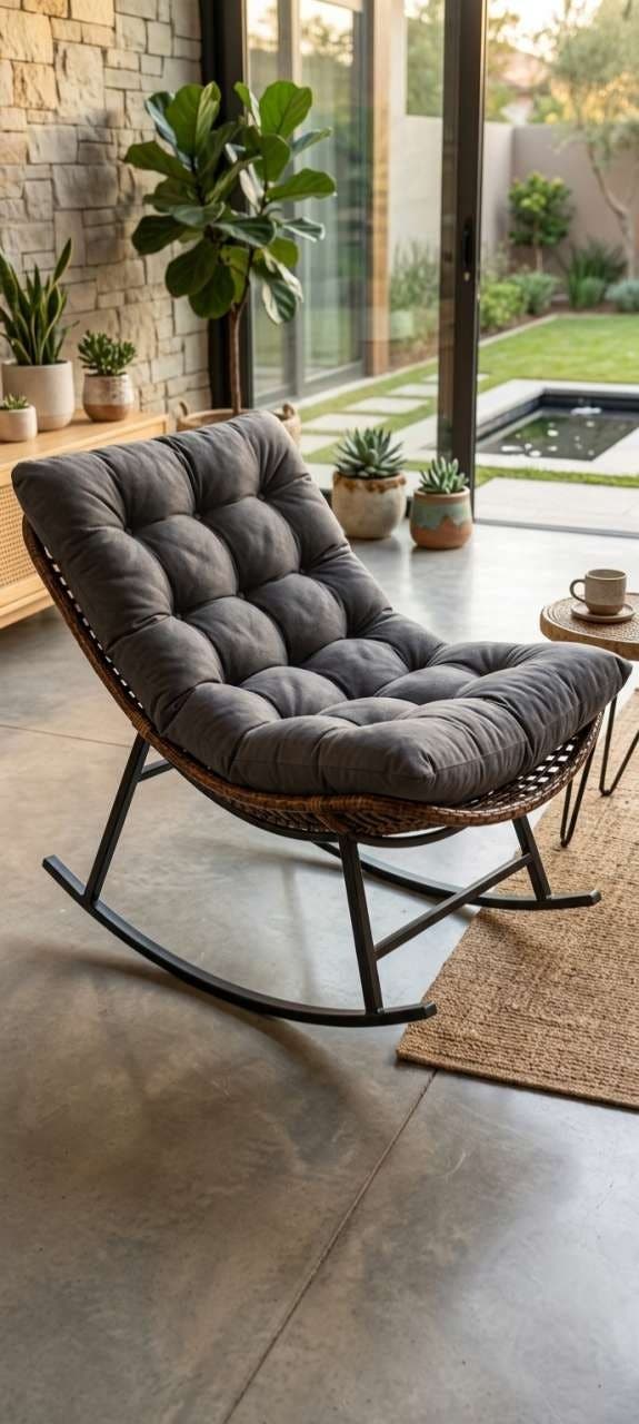 Outdoor Metal Rattan Rocking Chair, 55x70x70 cm - Grey Brown