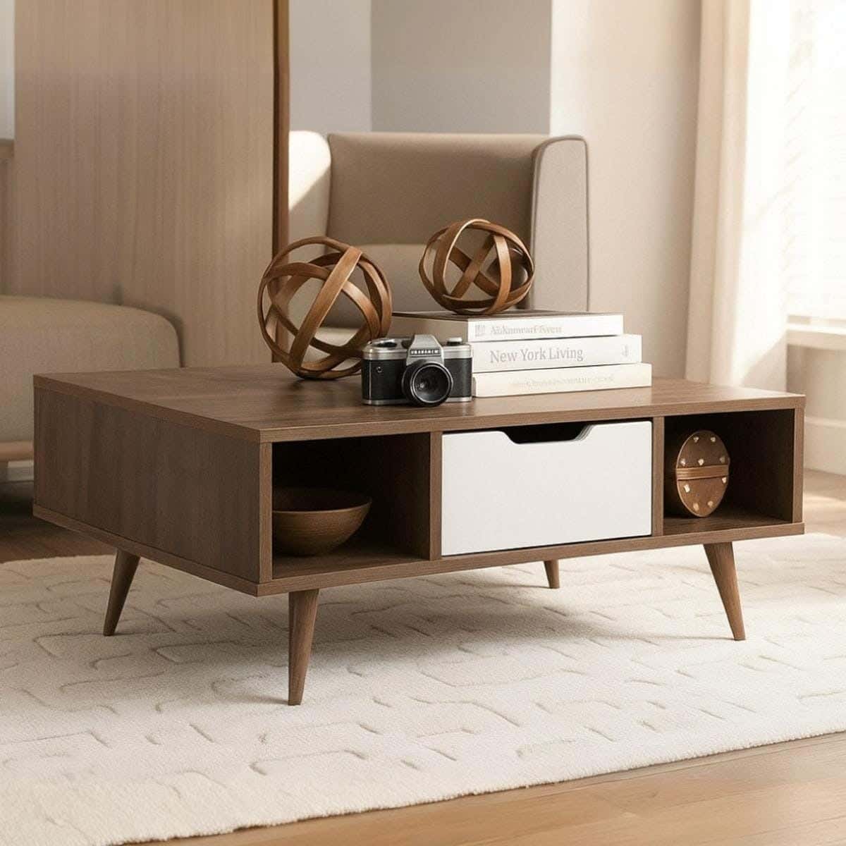 Spanish MDF wood coffee table, 45x100x50 cm - white brown