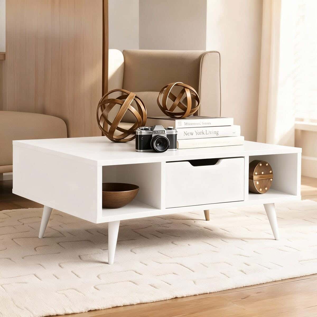 Spanish MDF wood coffee table, 45x100x50 cm - White
