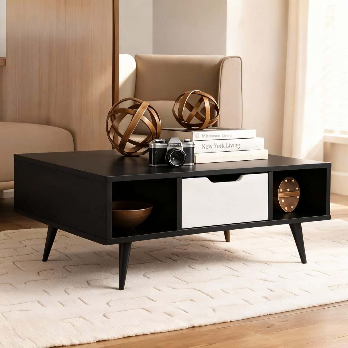 Spanish MDF wood coffee table, 45x100x50 cm - black and white