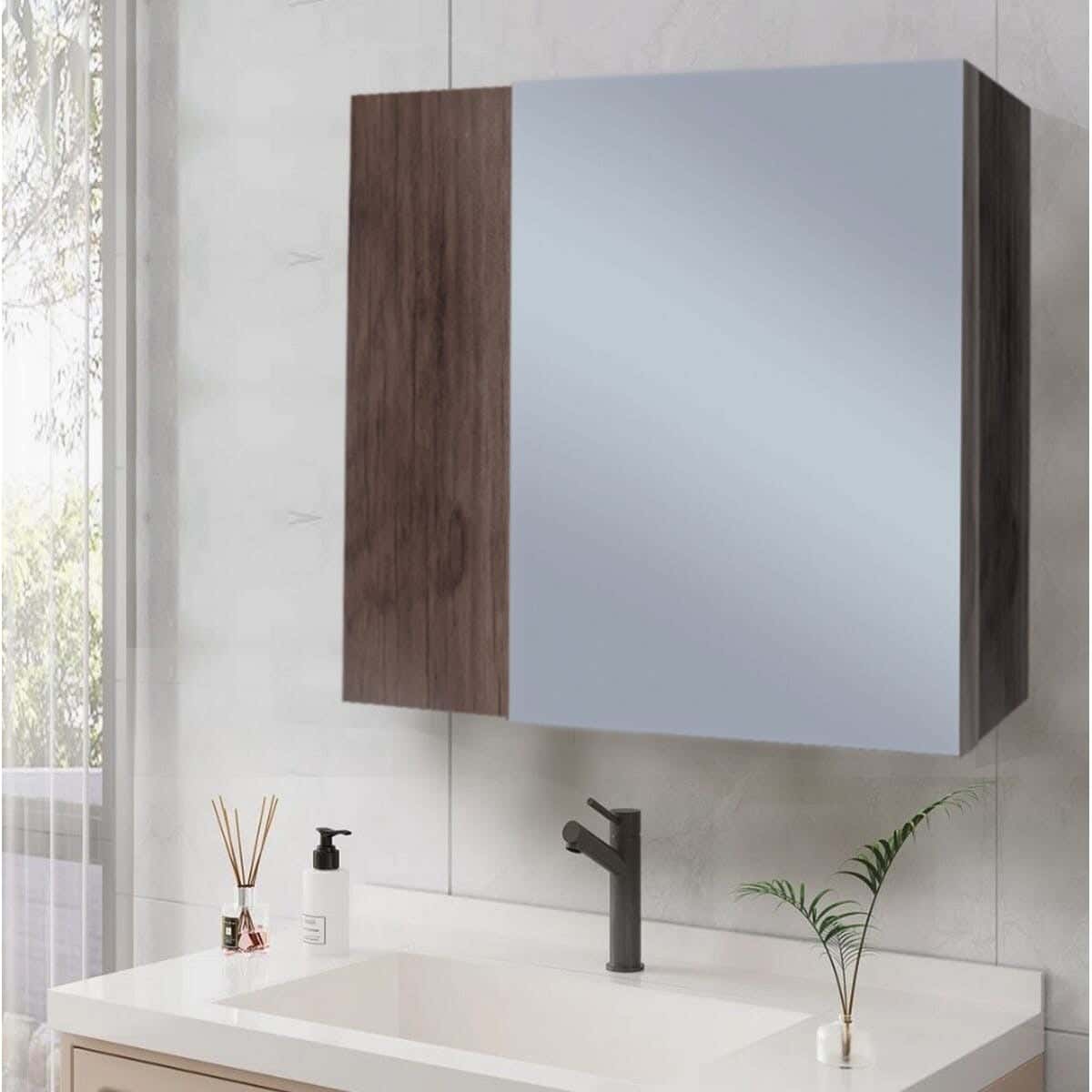 Bathroom organizer with mirror, made of Spanish MDF wood, 50x50x10 cm - Brown