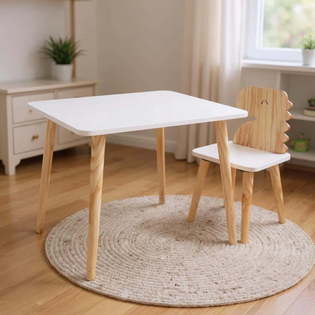 Modern children's table and chair set, Finnish wood and MDF, 60 x 60 x 60 cm - Beige/White