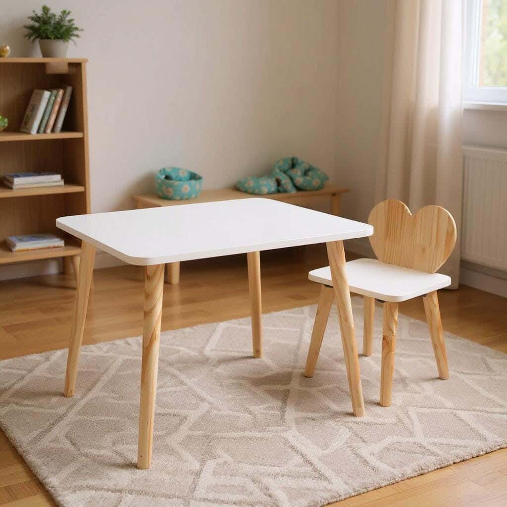 Modern children's table and chair set, Finnish wood and MDF, 60 x 60 x 60 cm - Beige/White