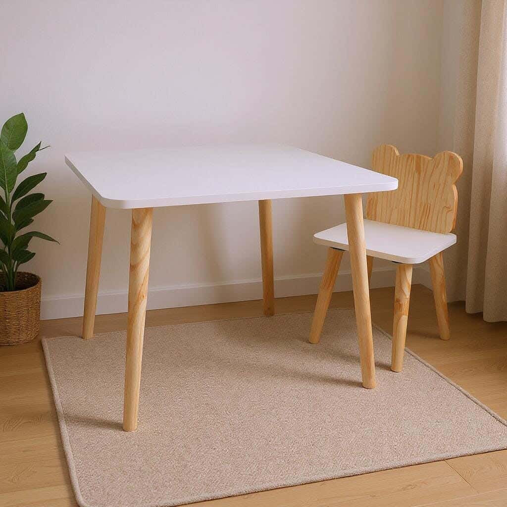 Modern children's table and chair set, Finnish wood and MDF, 60 x 60 x 60 cm - Beige/White