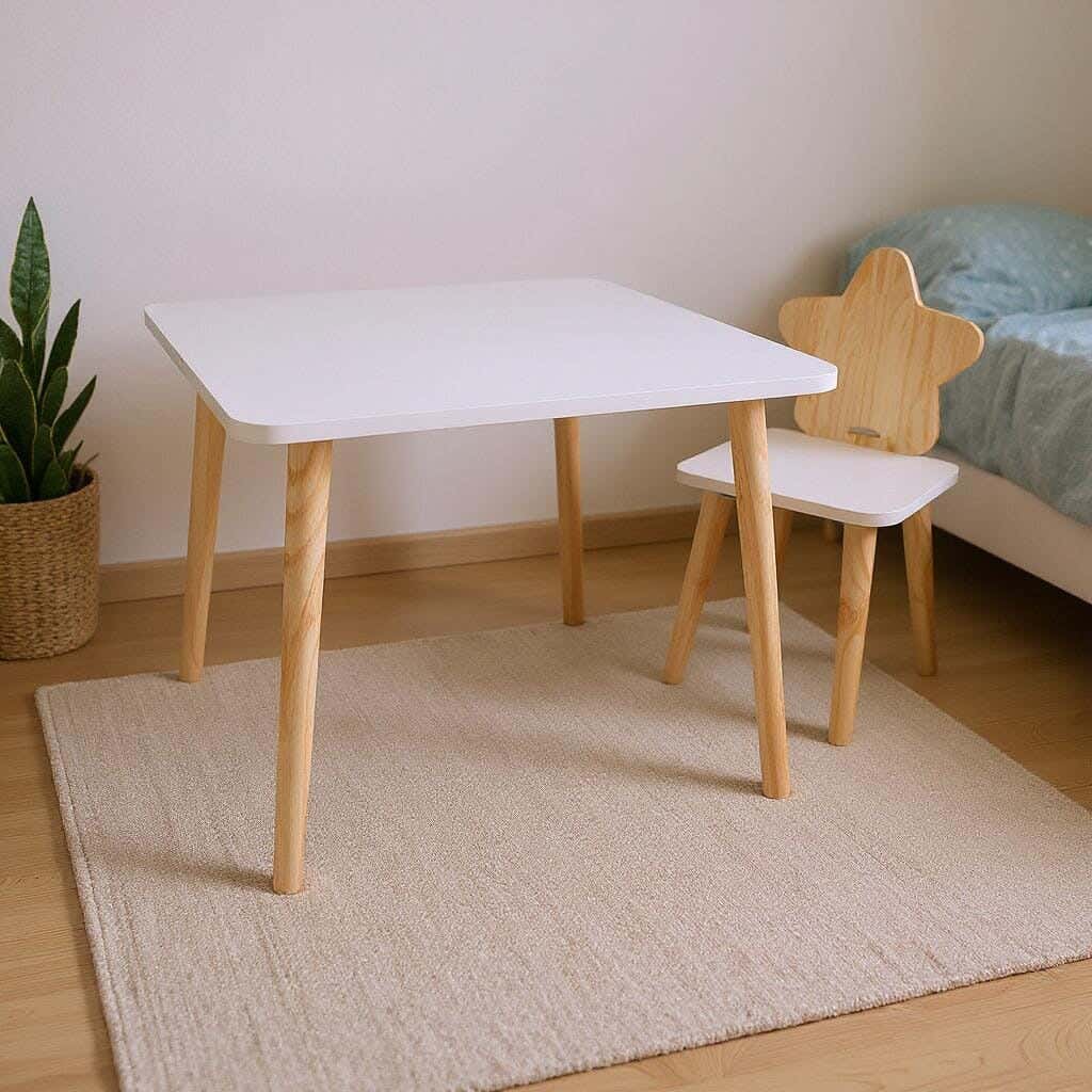 Modern children's table and chair set, Finnish wood and MDF, 60 x 60 x 60 cm - Beige/White