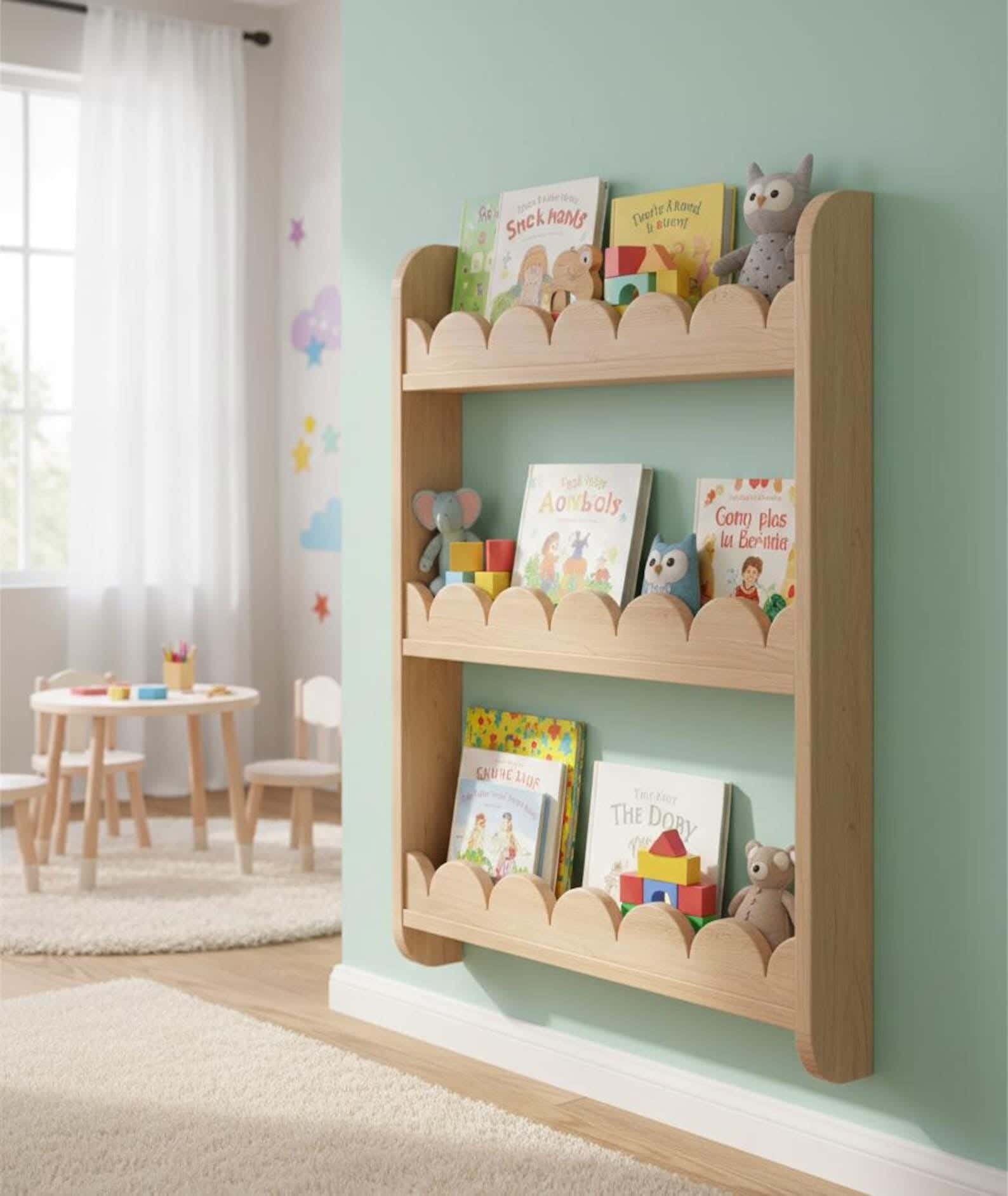 Single wall-mounted bookshelf with 3 shelves, Finnish wood, 75 x 50 x 10 cm - Beige