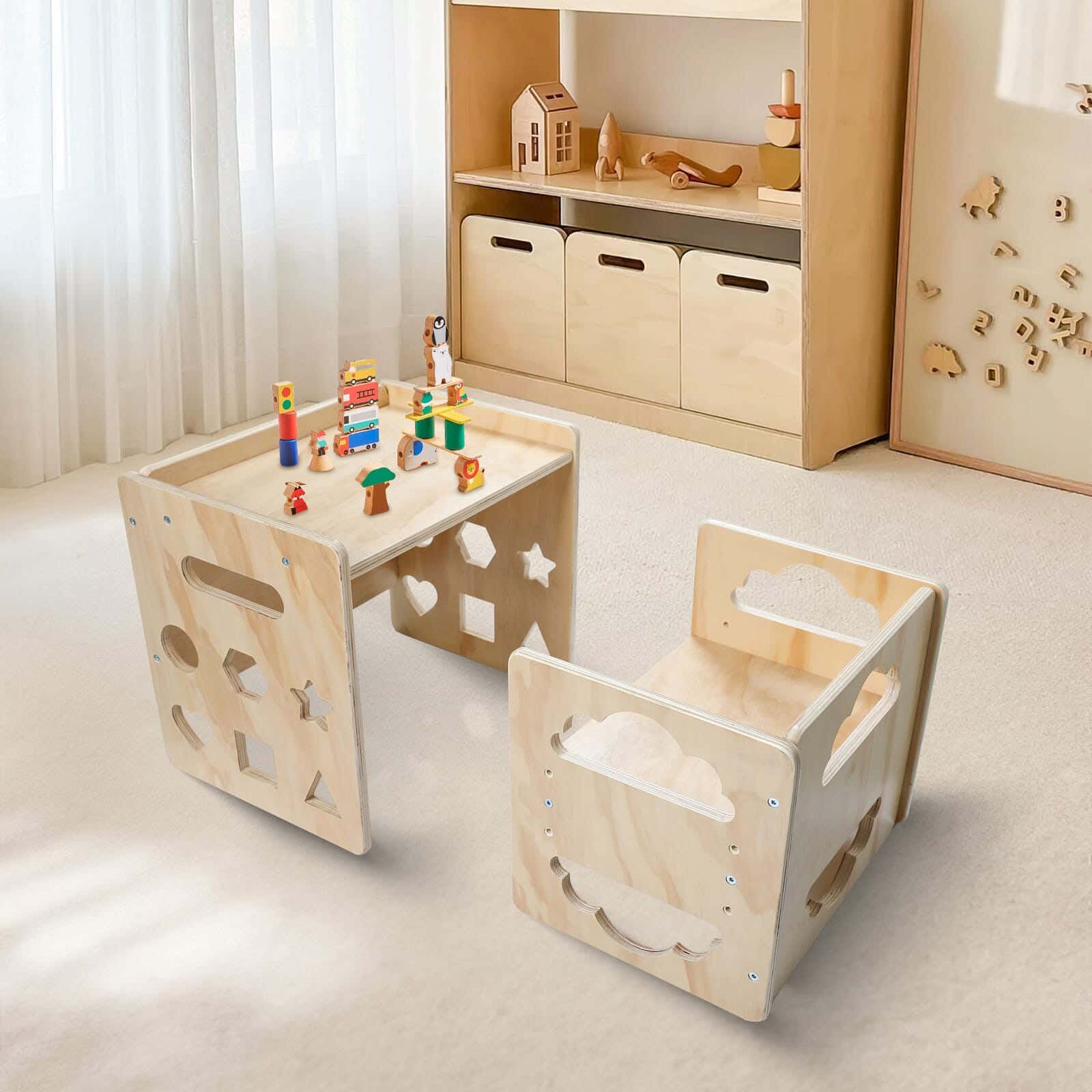 Modern children's table and chair set, Finnish wood, 38 x 43 x 32 cm - Beige