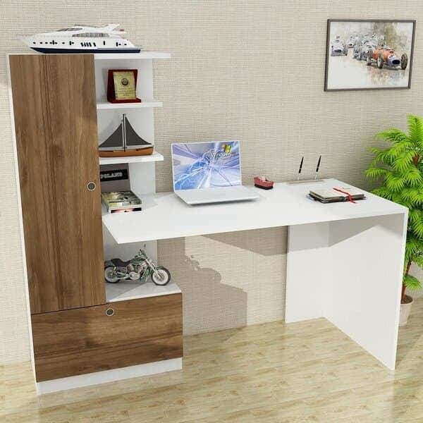 MDF Wood Modern Desk, with Multi-Use Side Bookshelves, 140x140x50 cm - White Wooden