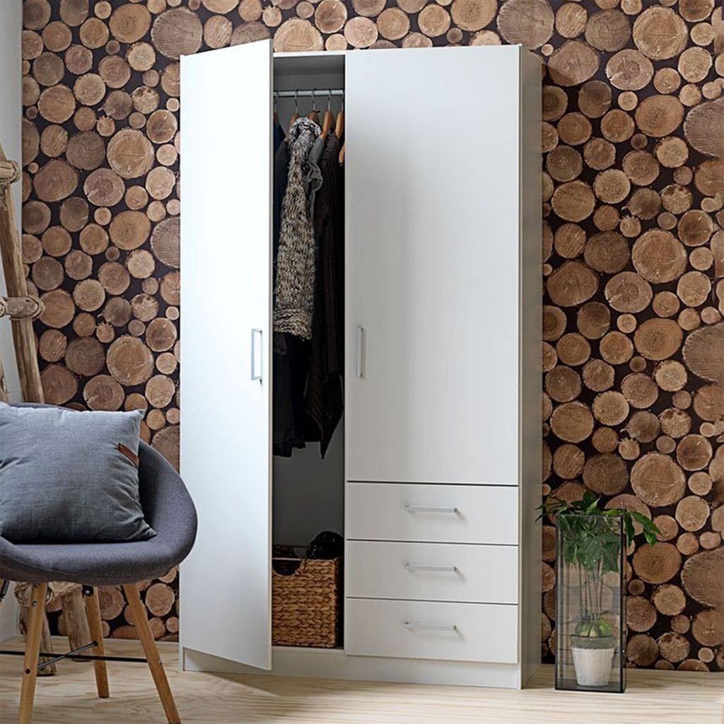 MDF wood wardrobe, 3 drawers, 2 shelves, 1 hanger 210x100x42cm - white