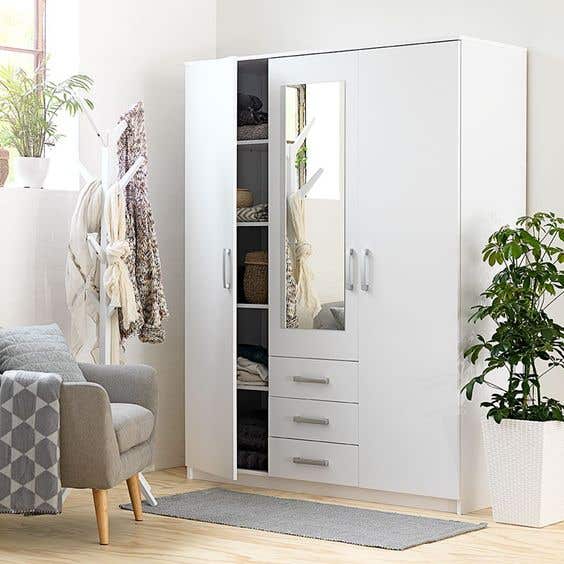 MDF wood wardrobe, 3 drawers, 3 shelves, 1 hanger 210x150x42cm - white