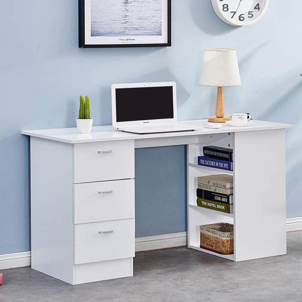Modern MDF desk, 3 drawers, 2 shelves, 78x140x50cm - white