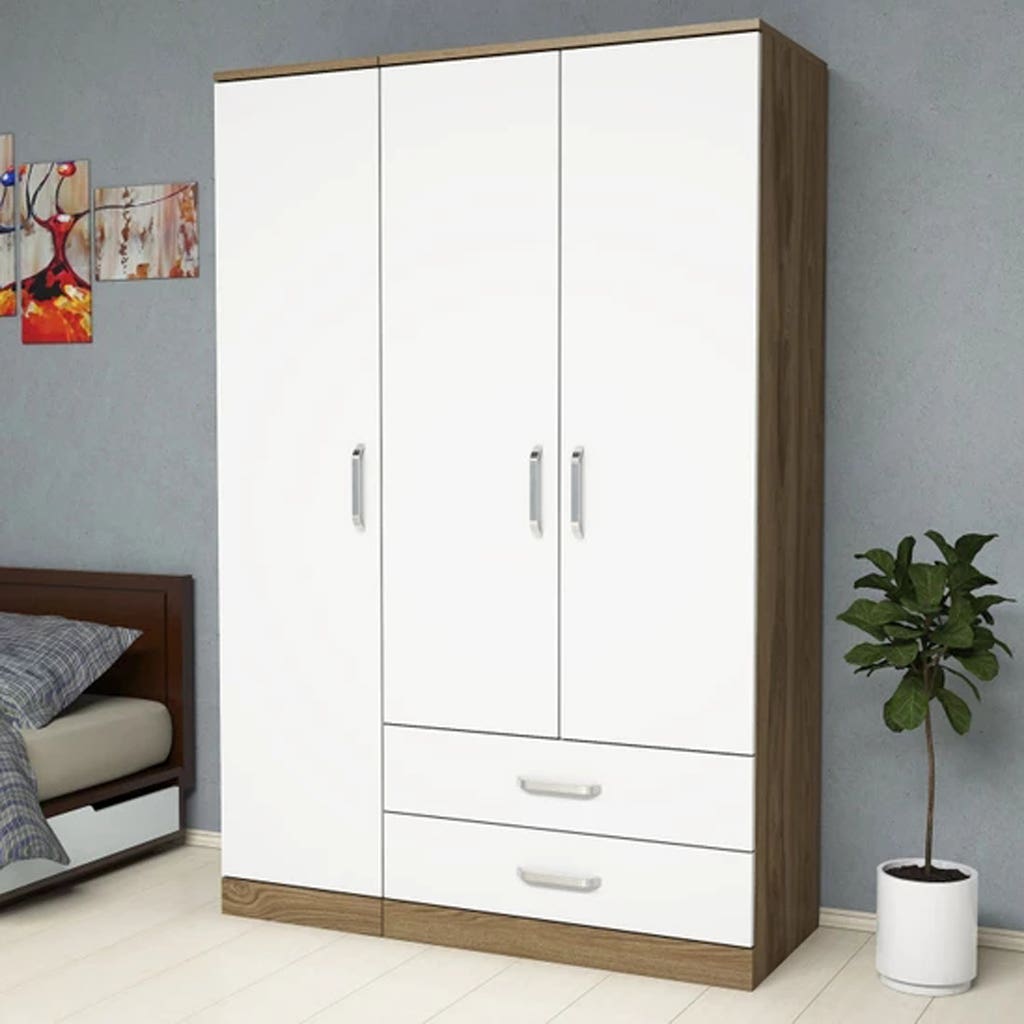MDF wood wardrobe, 2 drawers, 4 shelves, 1 hanger 210x120x42cm - white