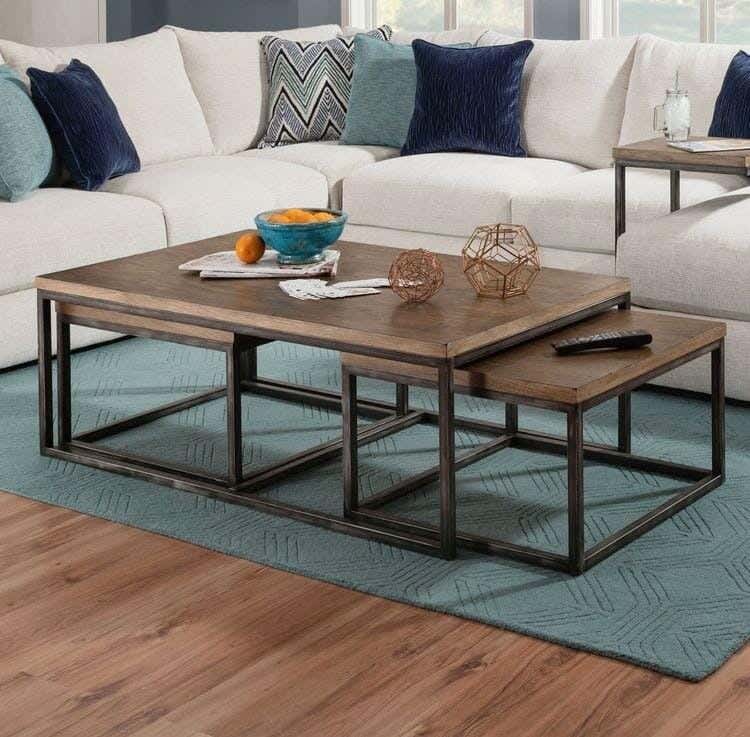Metal Center Table Set With MDF Wood Surface, 3 Pieces - Black Brown