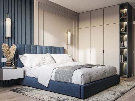 Red beech wood bed, 200x160x120 cm, velvet - denim
