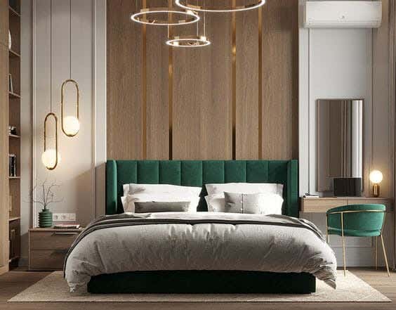 Red beech wood bed, 200x160x120 cm, velvet - green