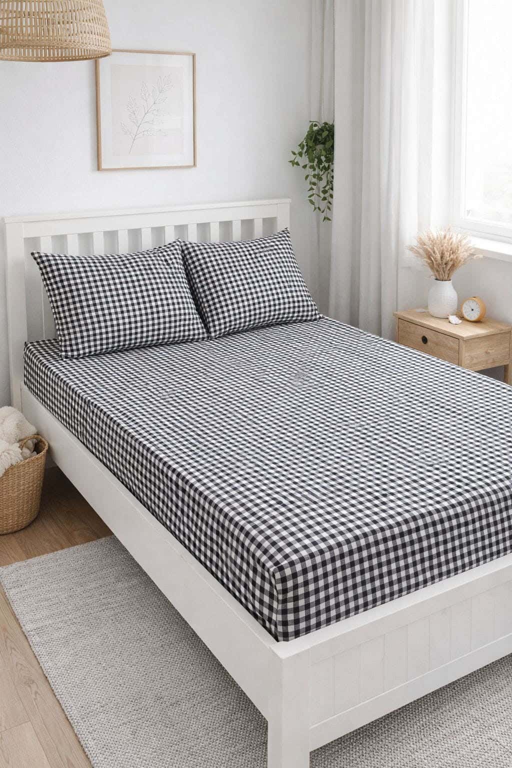 Yarlin Fitted Sheet Set, Cotton Blend, 3 Pieces, 200X160cm, Black Check Design - Multicolor