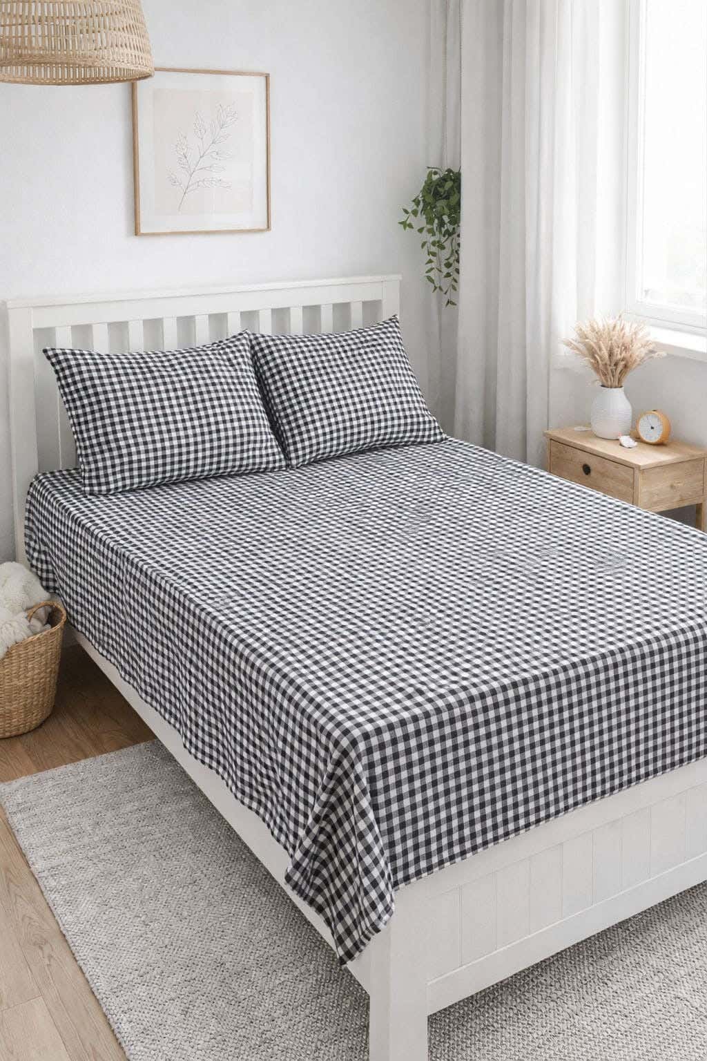 Yarlin Plain Bed Sheet Set, Cotton Blend, 3 Pieces, 240X240 cm, Black Check Design - Multicolor
