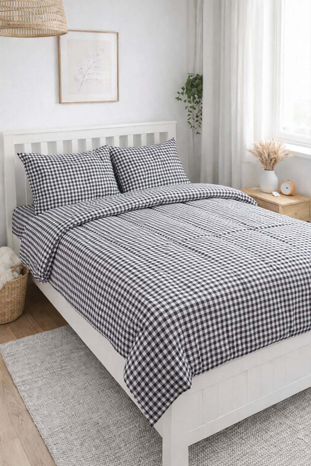 Yarlin Cotton Blend Zippered Duvet Cover, 1 Piece, 240X220cm, Black Check Design - Multicolor