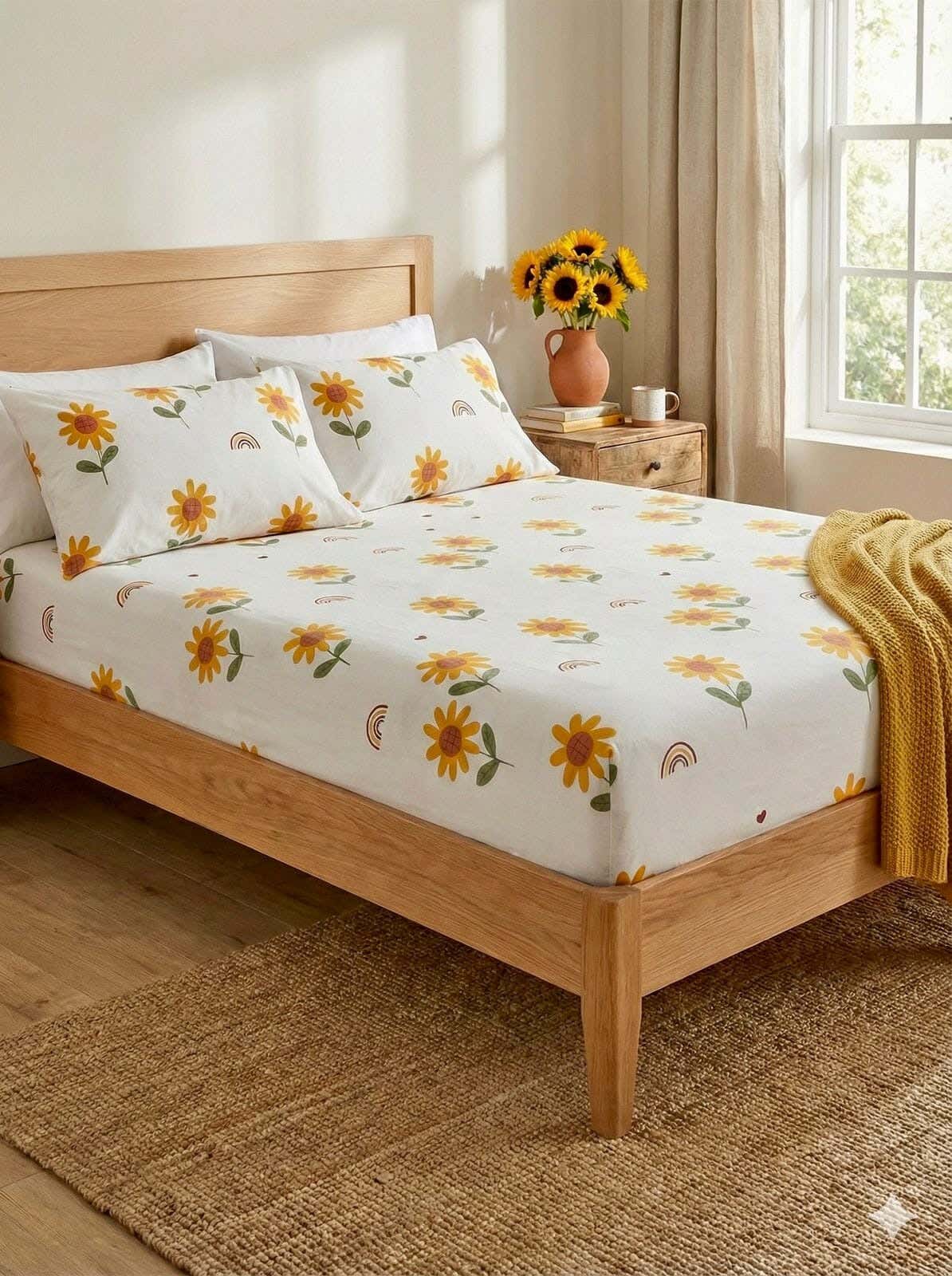 Yarlin Fitted Sheet Set, Cotton Blend, 3 Pieces, 200X200cm, Sunflower Design - Multicolor