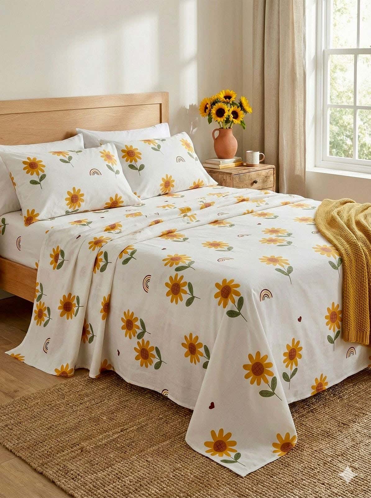 Yarlin Plain Bed Sheet Set, Cotton Blend, Three Pieces, 240X280 cm, Sunflower Design - Multicolor
