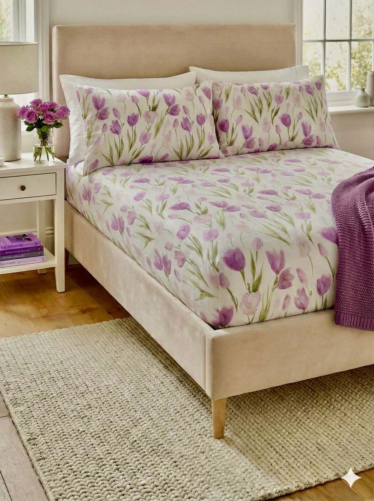 Yarlin Fitted Sheet Set, Cotton Blend, 3 Pieces, 200X160cm, Purple Lotus Flower Design - Multicolor