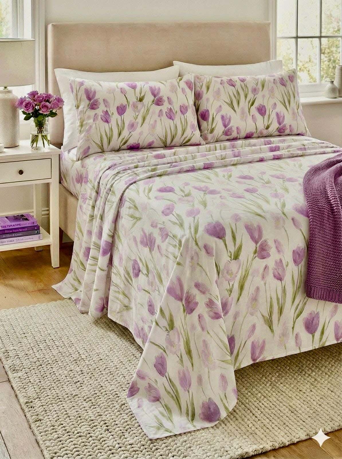 Yarlin Plain Bed Sheet Set, Cotton Blend, Three Pieces, 240X280cm, Purple Lotus Flower Design - Multicolor