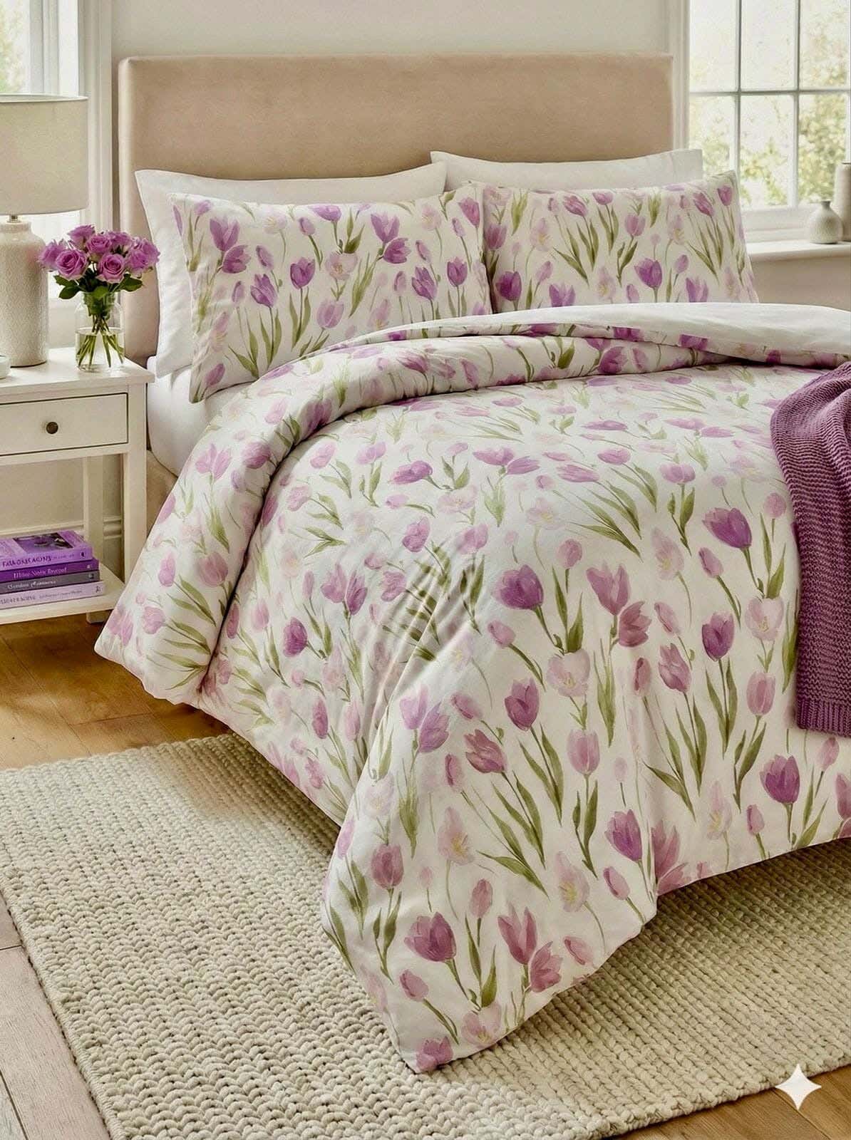 Yarlin Zippered Duvet Cover, Cotton Blend, 1 Piece, 240X220cm, Purple Lotus Flower Design - Multicolor