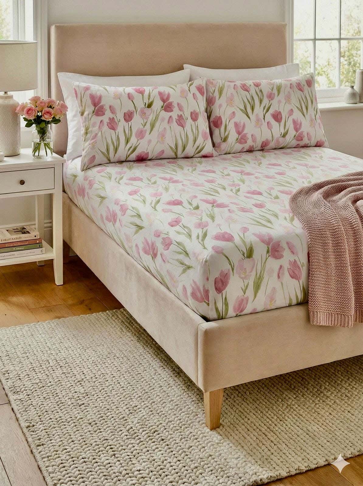 Yarlin Fitted Sheet Set, Cotton Blend, 3 Pieces, 200X160cm, Pink Lotus Flower Design - Multicolor