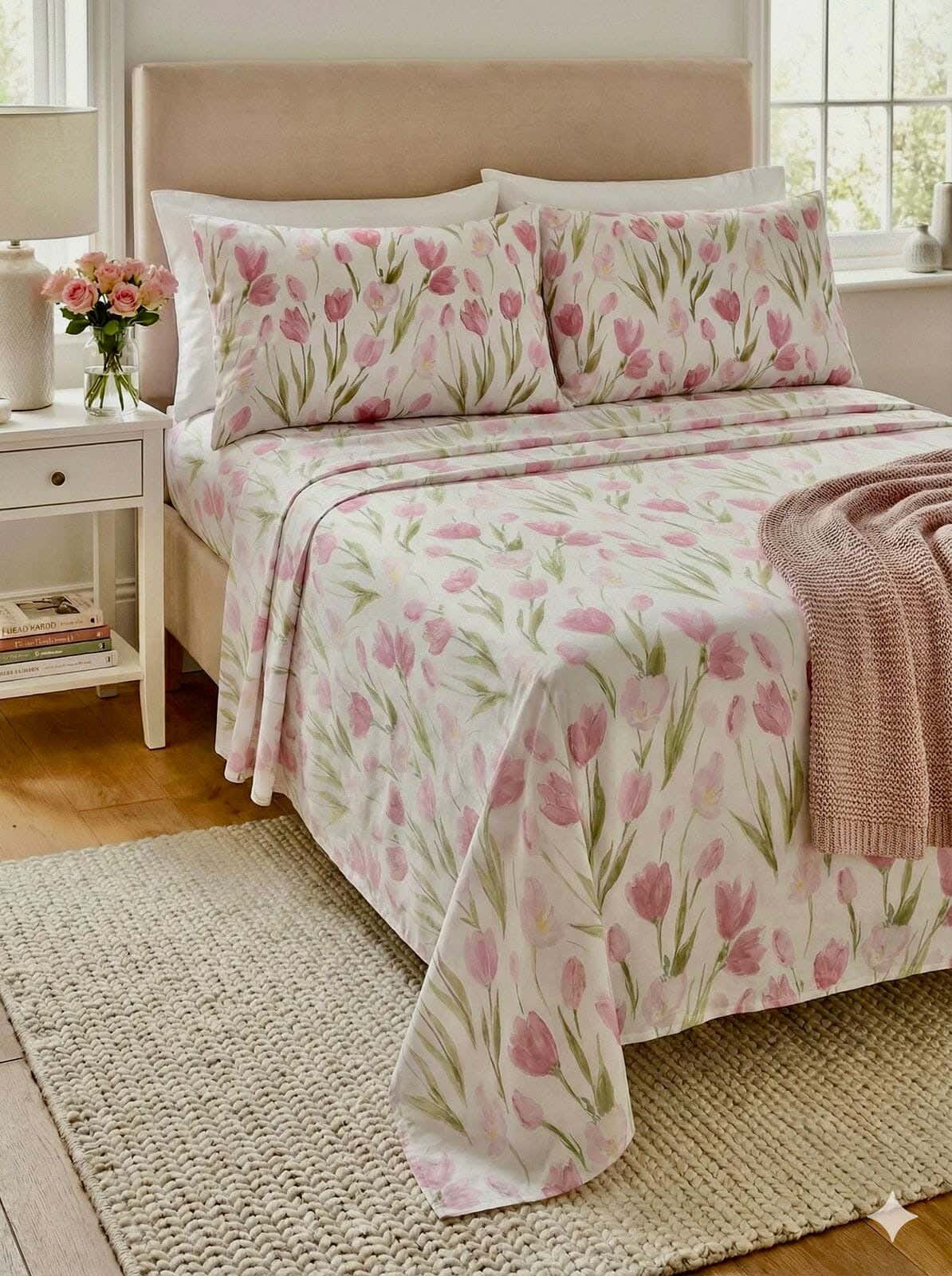 Yarlin Plain Bed Sheet Set, Cotton Blend, 3 Pieces, 240X240cm, Pink Lotus Flower Design - Multicolor