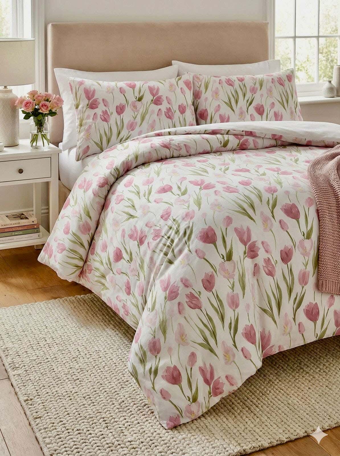 Yarlin Zippered Duvet Cover, Cotton Blend, 1 Piece, 240X220cm, Pink Lotus Flower Design - Multicolor
