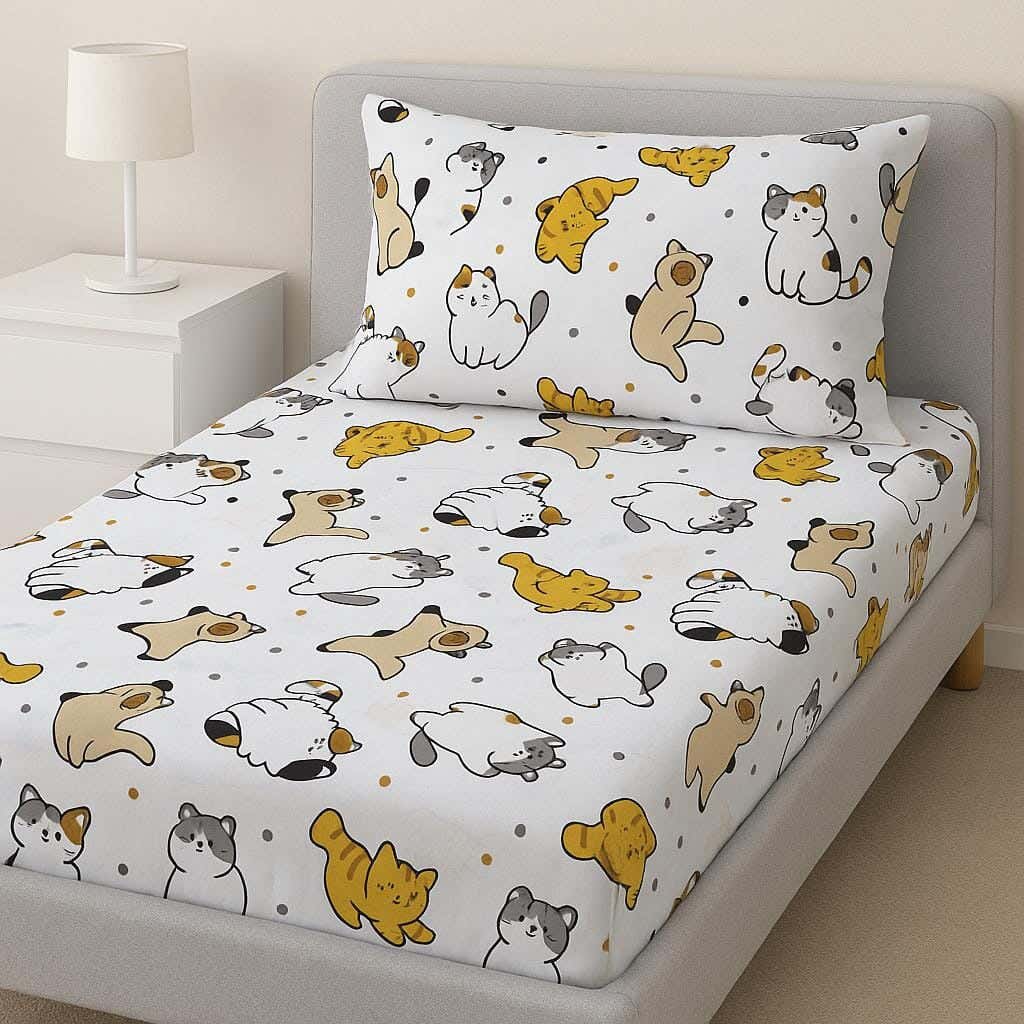 Yarlin Children'S Fitted Sheet Set, Cotton Blend, 2 Pieces, 200X120cm, Lazy Cats Design - Multicolor