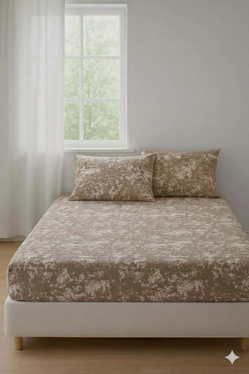 Yarlin Fitted Sheet Set, Cotton Blend, 3 Pieces, 200X180 cm, Beige Noisy Design - Multicolor