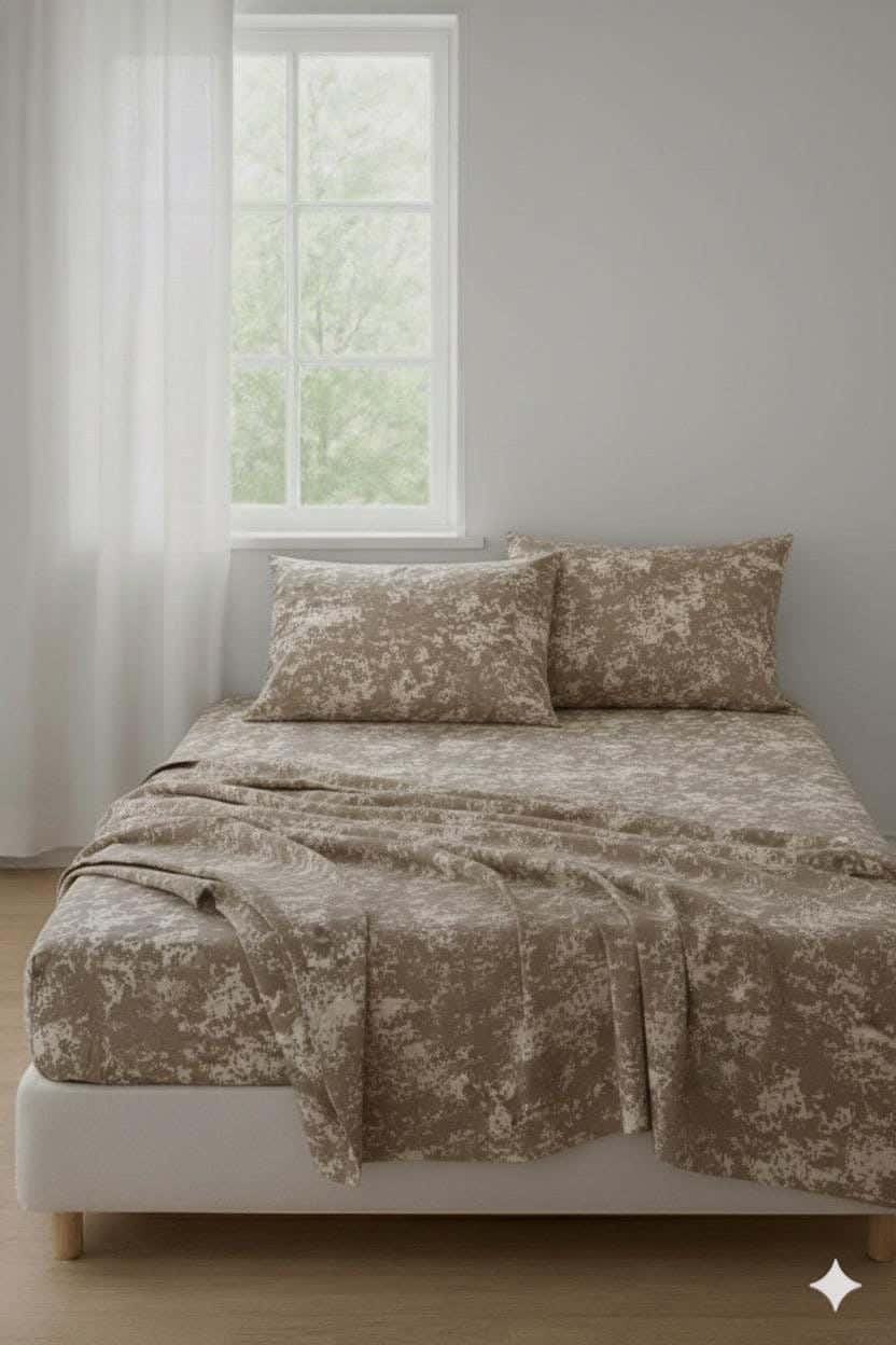 Yarlin Regular Fitted Sheet Set, Cotton Blend, 3 Pieces, 240X260 cm, Beige Noisy Design - Multicolor