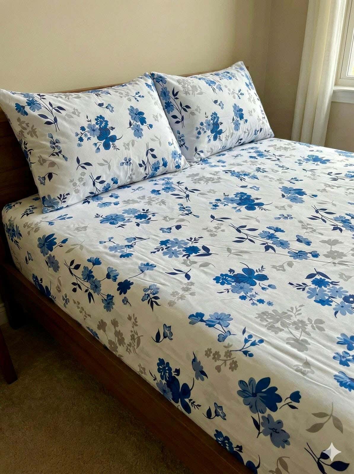 Yarlin Fitted Sheet Set, Cotton Blend, Three Pieces, 200X200cm, Blue Flora Design - Multicolor