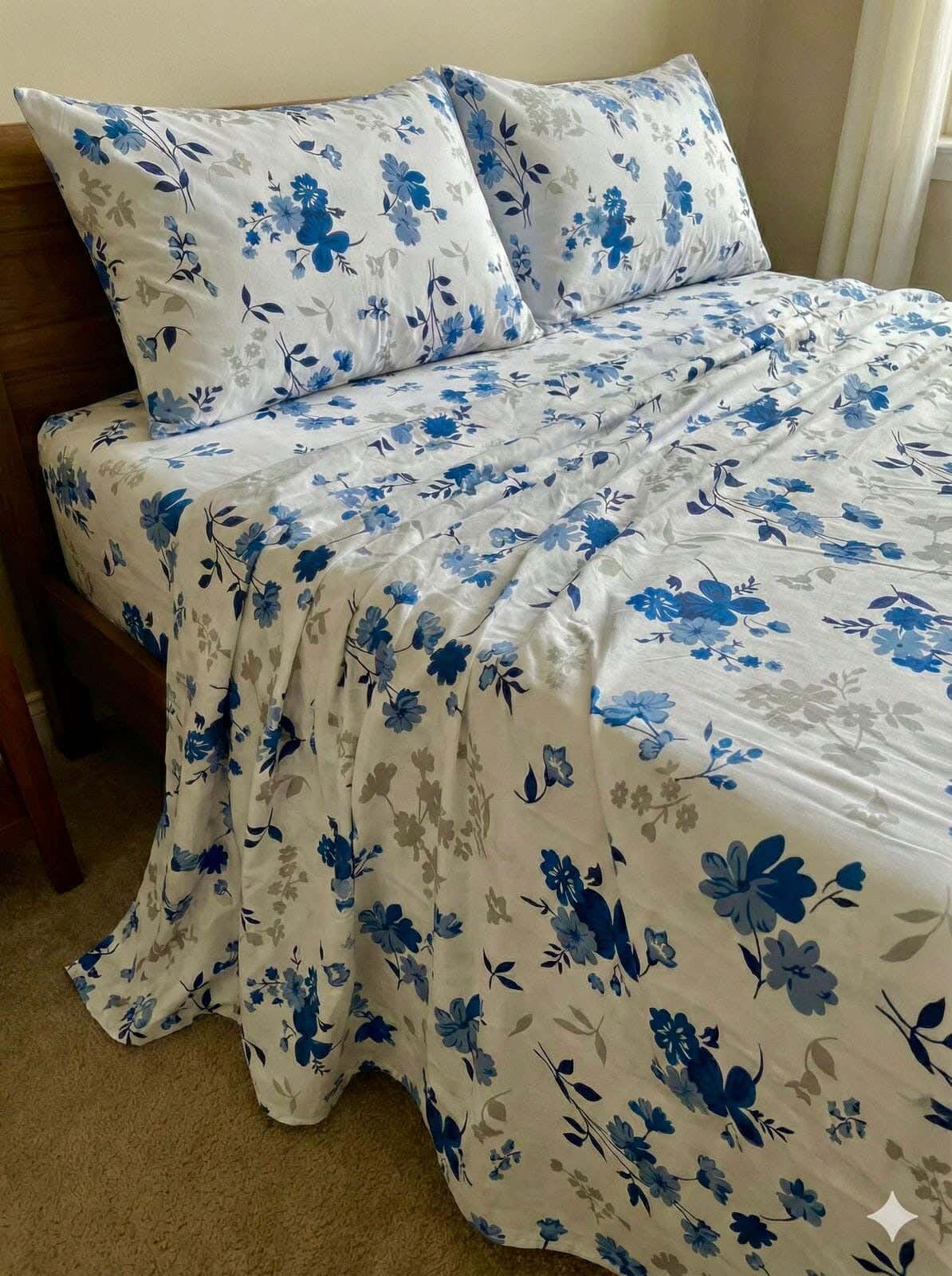 Yarlin Regular Fitted Sheet Set, Cotton Blend, 3 Pieces, 240X260cm, Blue Flora Design - Multicolor
