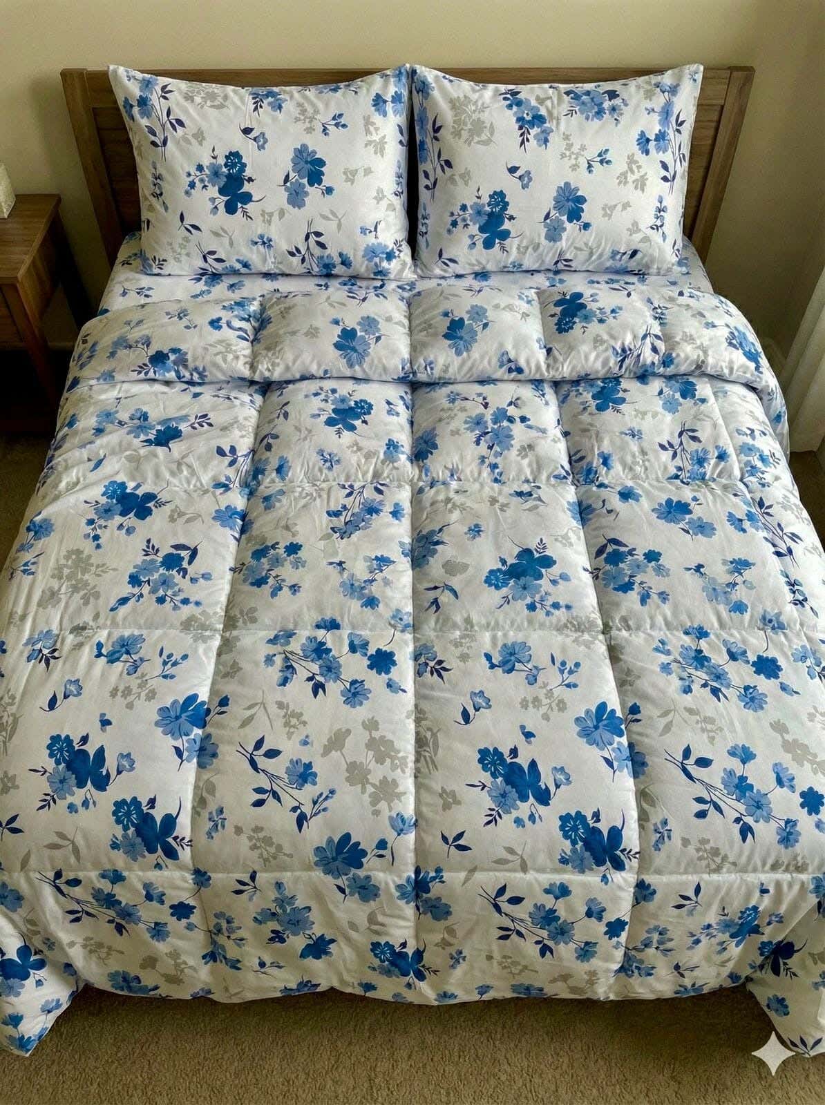Yarlin Zippered Duvet Cover, Cotton Blend, 1 Piece, 240X220cm, Blue Flora Design - Multicolor