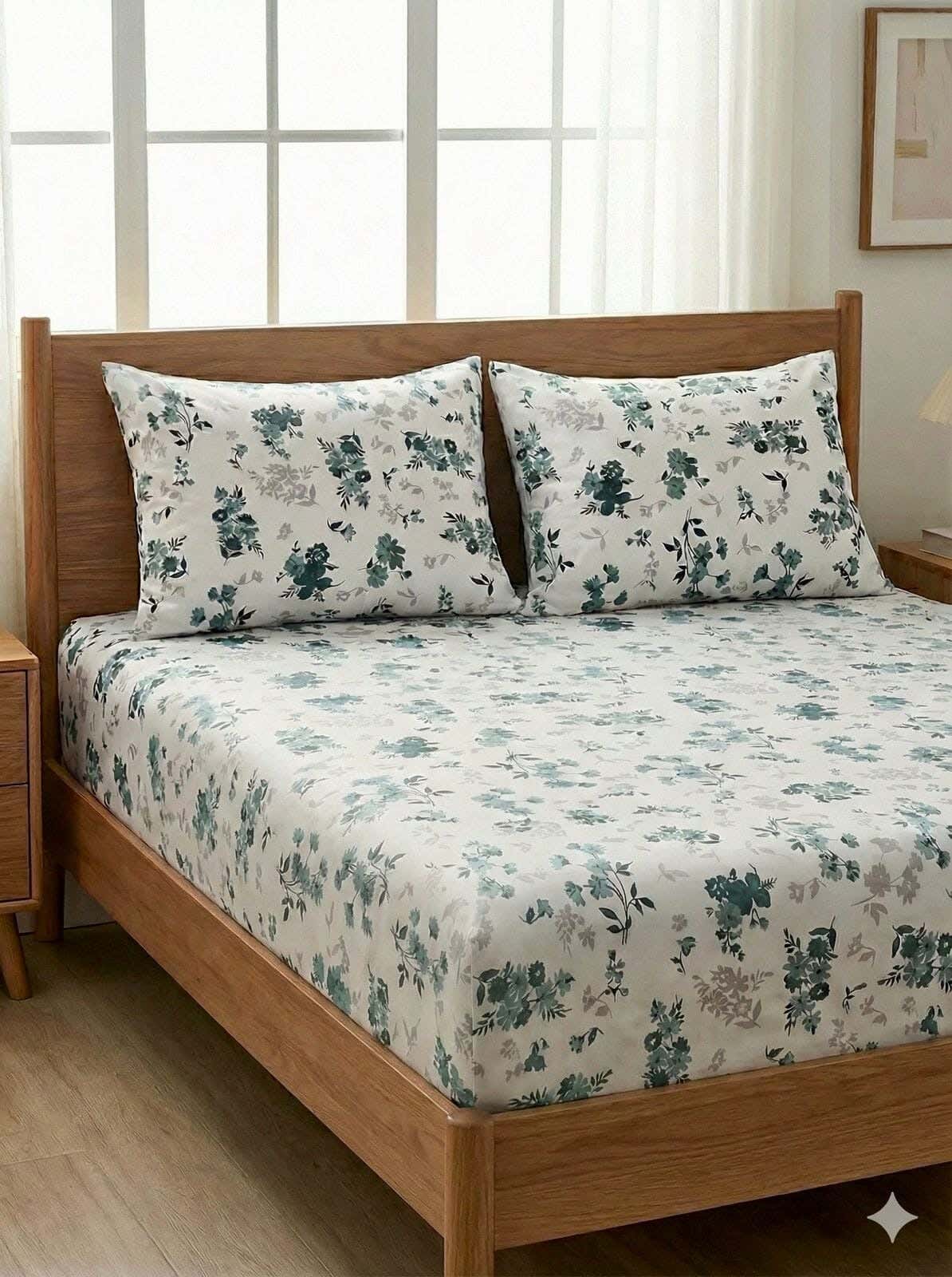 Yarlin Fitted Sheet Set, Cotton Blend, 3 Pieces, 200X200 cm, Floral Green Design - Multicolor