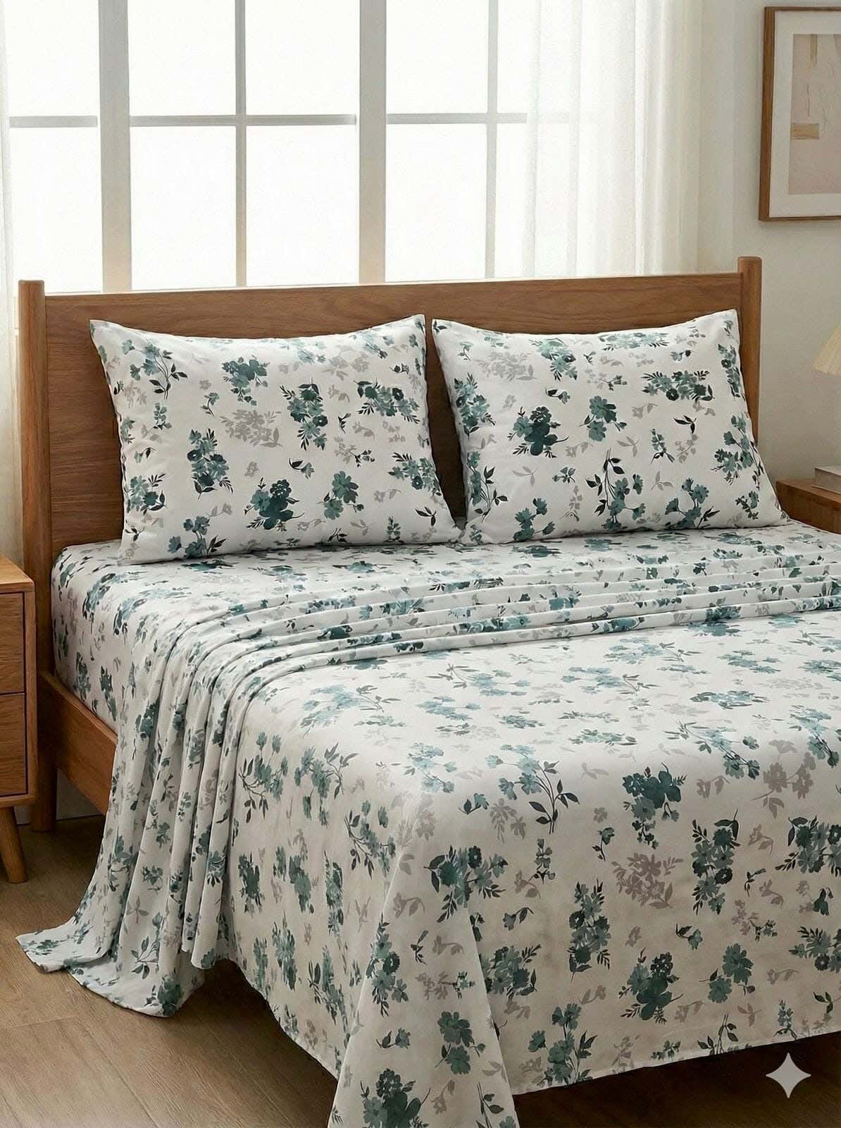 Yarlin Regular Fitted Sheet Set, Cotton Blend, 3 Pieces, 240X240 cm, Floral Green Design - Multicolor