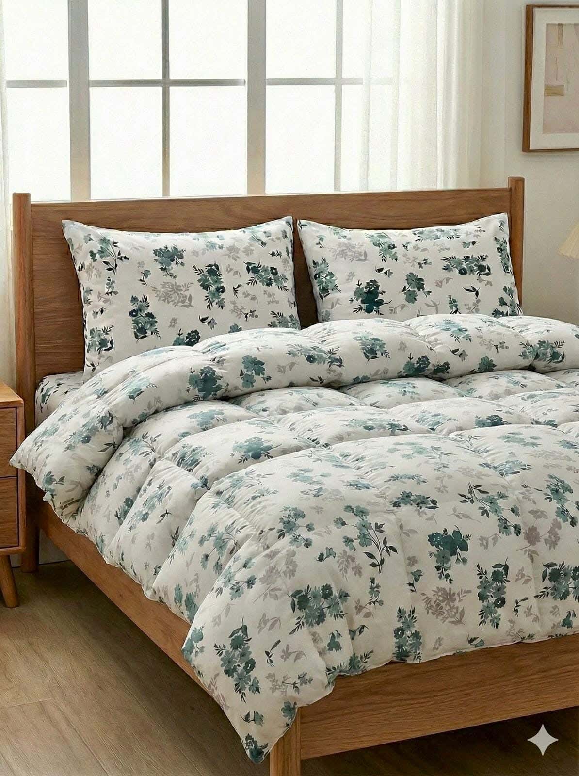 Yarlin Zippered Duvet Cover, Cotton Blend, 1 Piece, 240X220cm, Floral Green Design - Multicolor