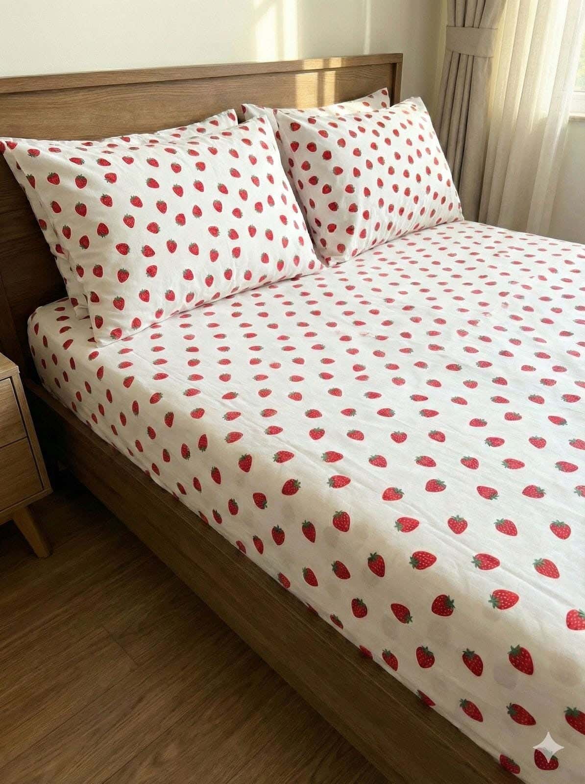 Yarlin Fitted Sheet Set, Cotton Blend, 3 Pieces, 200X160cm, Strawberry Design - Multicolor