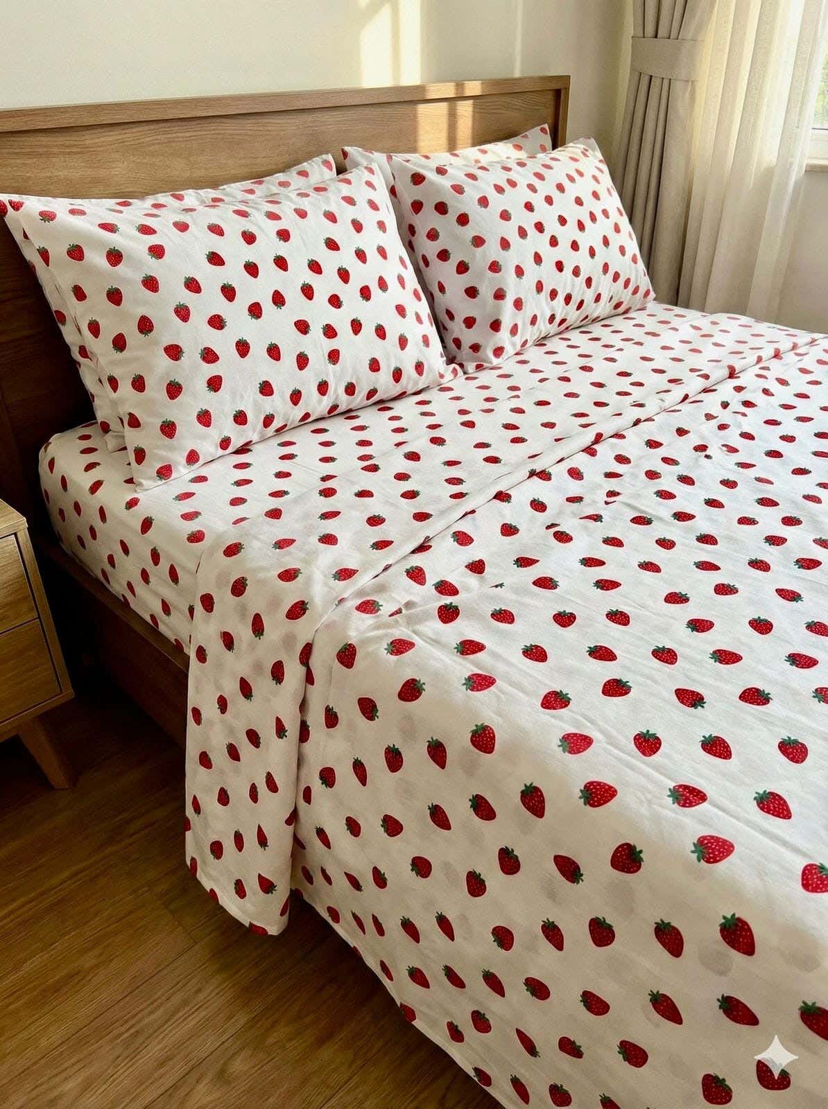 Yarlin Regular Fitted Sheet Set, Cotton Blend, 3 Pieces, 240X260cm, Strawberry Design - Multicolor