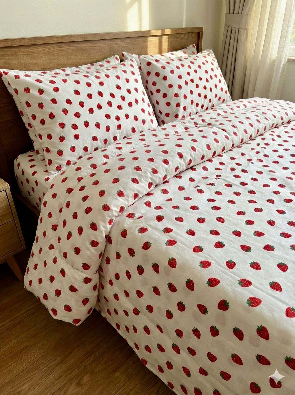 Yarlin Zippered Duvet Cover, Cotton Blend, 1 Piece, 240X220cm, Strawberry Design - Multicolor