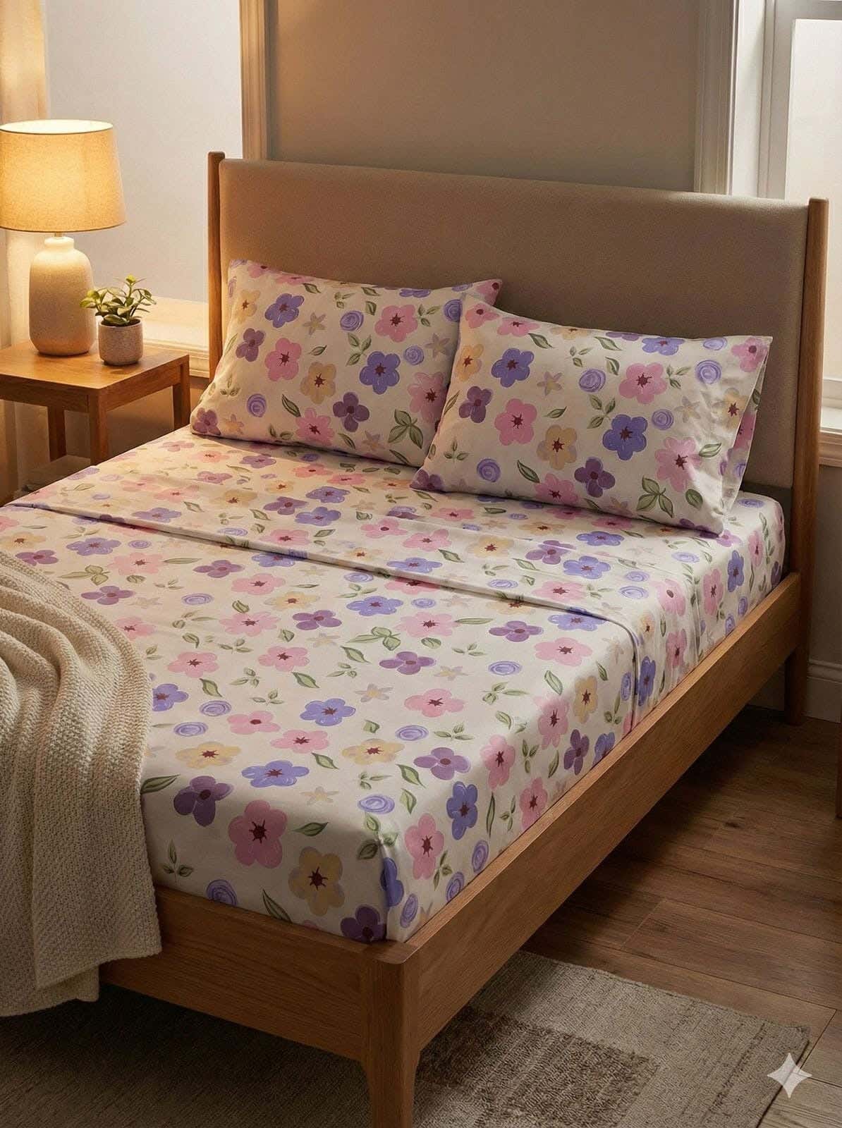 Yarlin Fitted Sheet Set, Cotton Blend, 3 Pieces, 200X160cm, Floral Design 2 - Multicolor