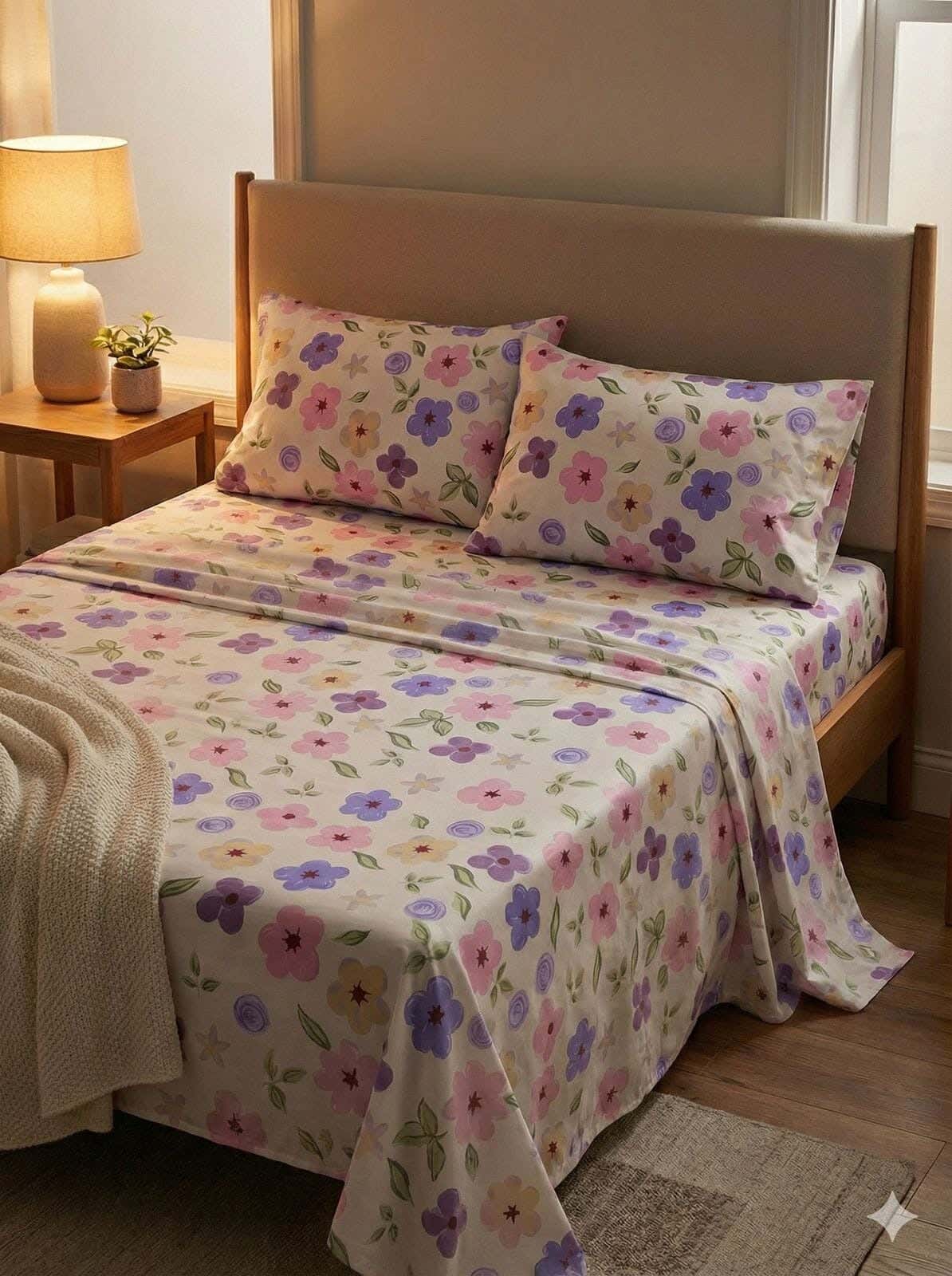 Yarlin Plain Bed Sheet Set, Cotton Blend, 3 Pieces, 240X260 cm, Floral Design 2 - Multicolor