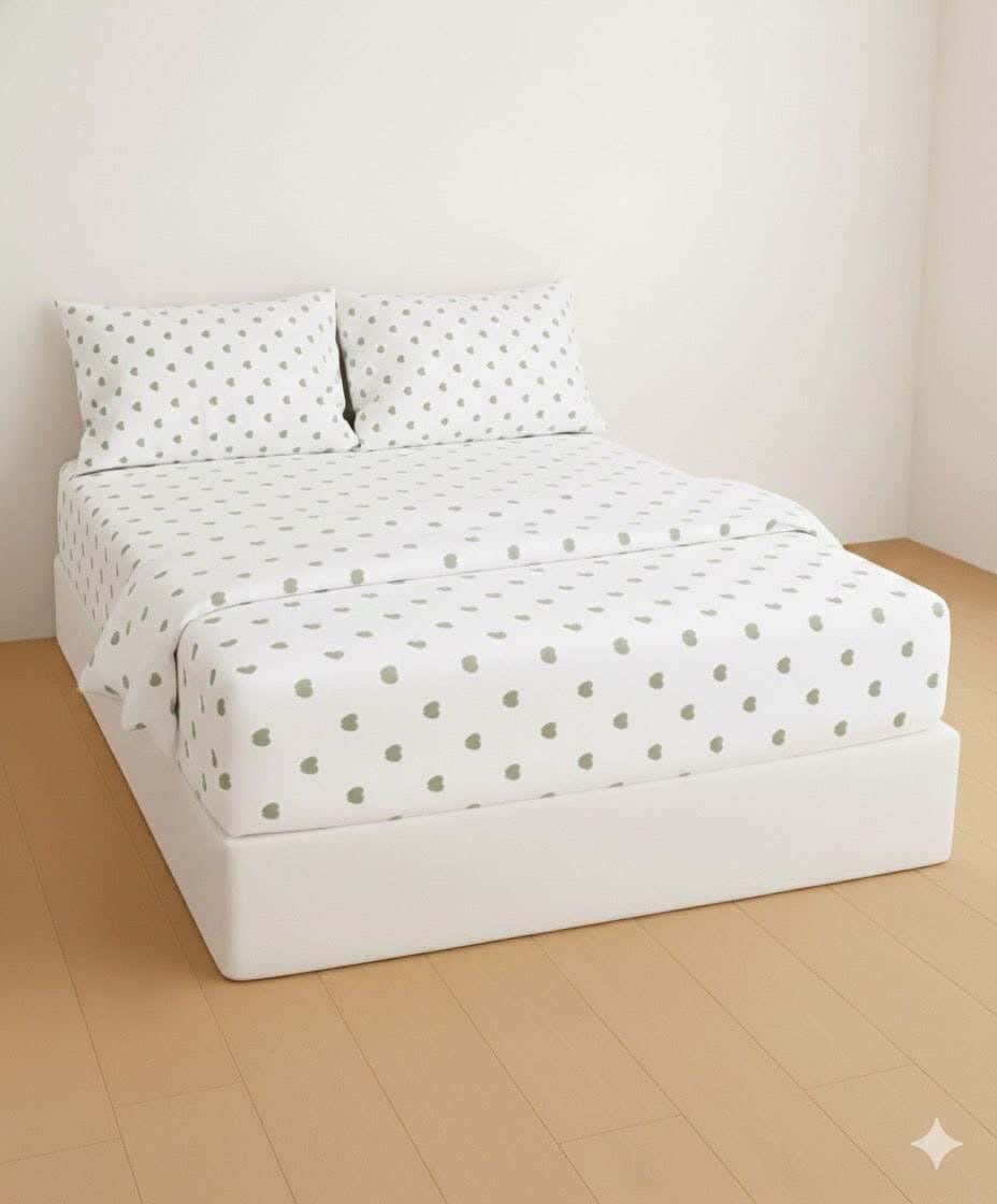 Yarlin Fitted Sheet Set, Cotton Blend, 3 Pieces, 200X200 cm, Small Olive Heart Design - Multicolor